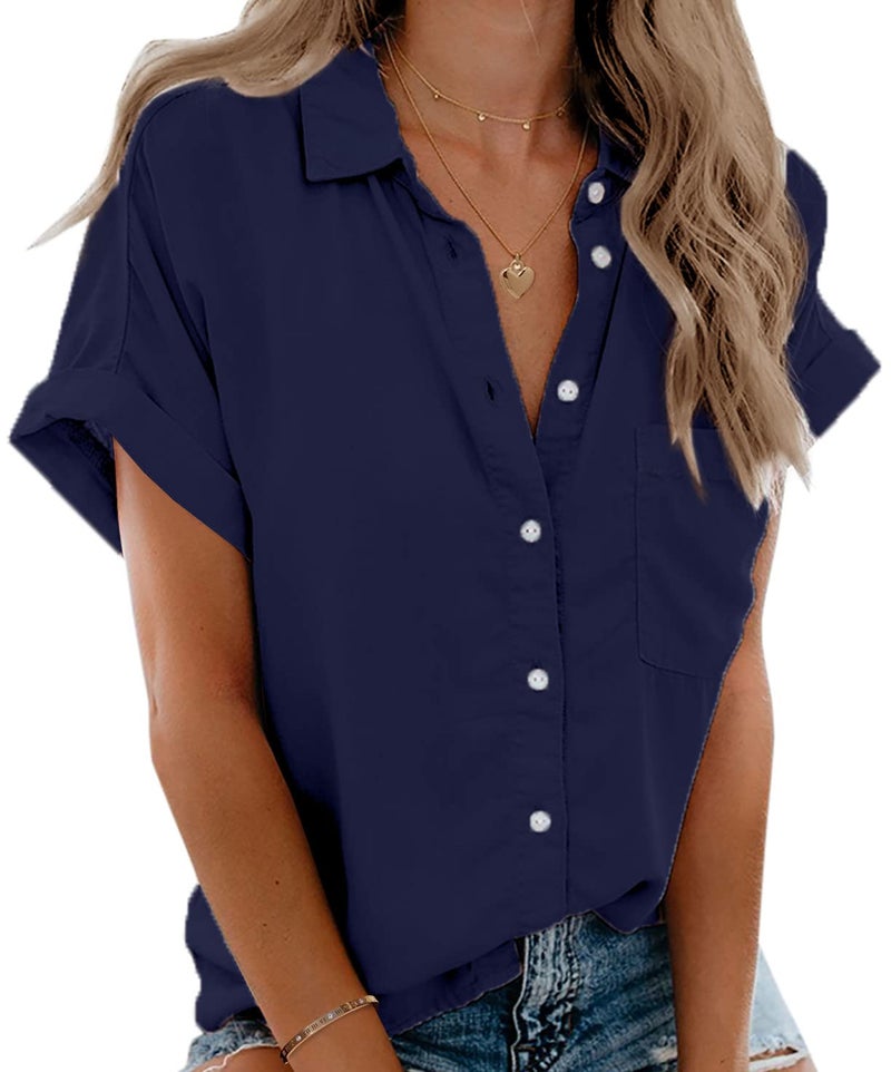 Beautife Womens Short Sleeve Shirts V Neck Collared Button Down Shirt Tops with Pockets Navy Blue - Image 1